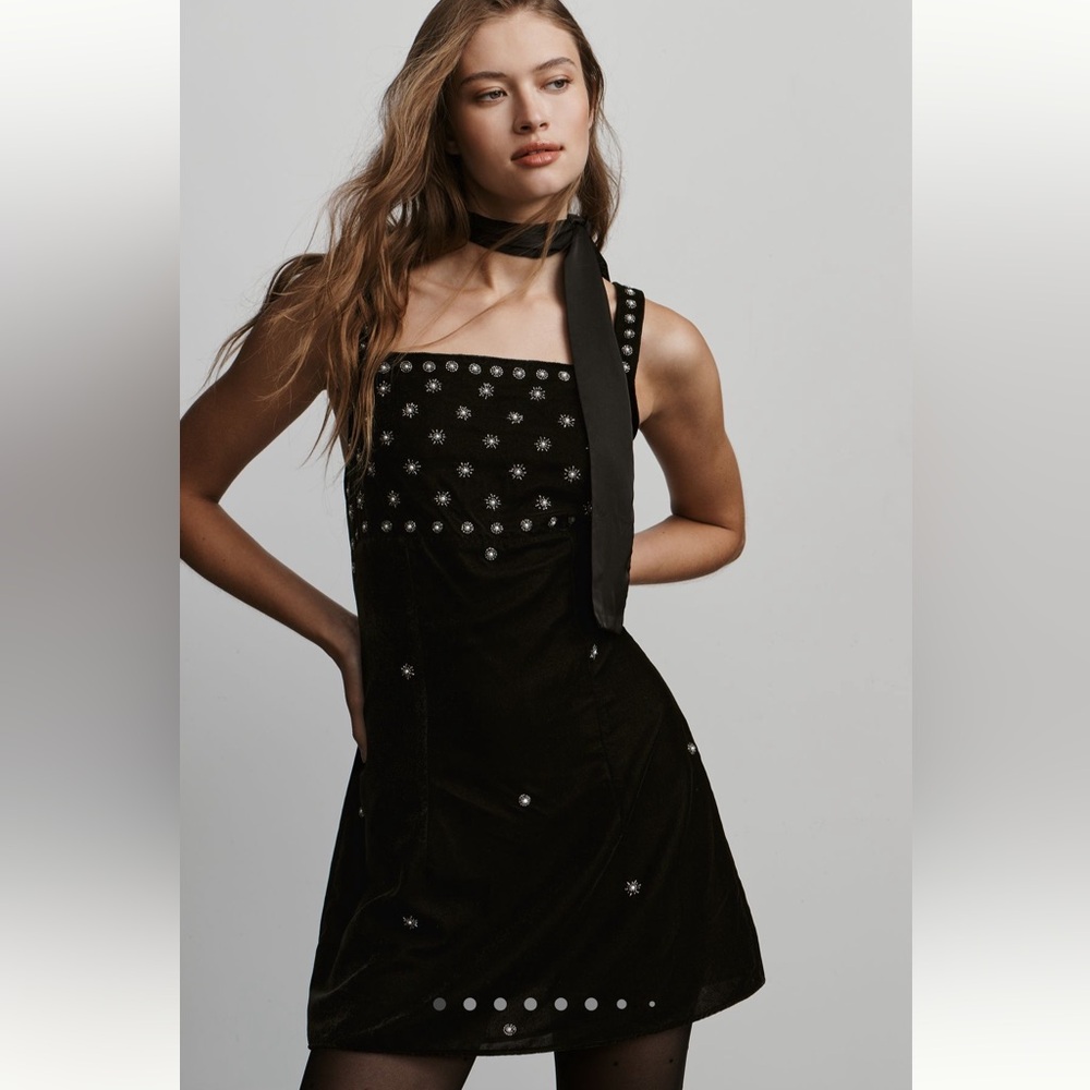 By Anthropologie Velvet Black Dress with Star Embellishments